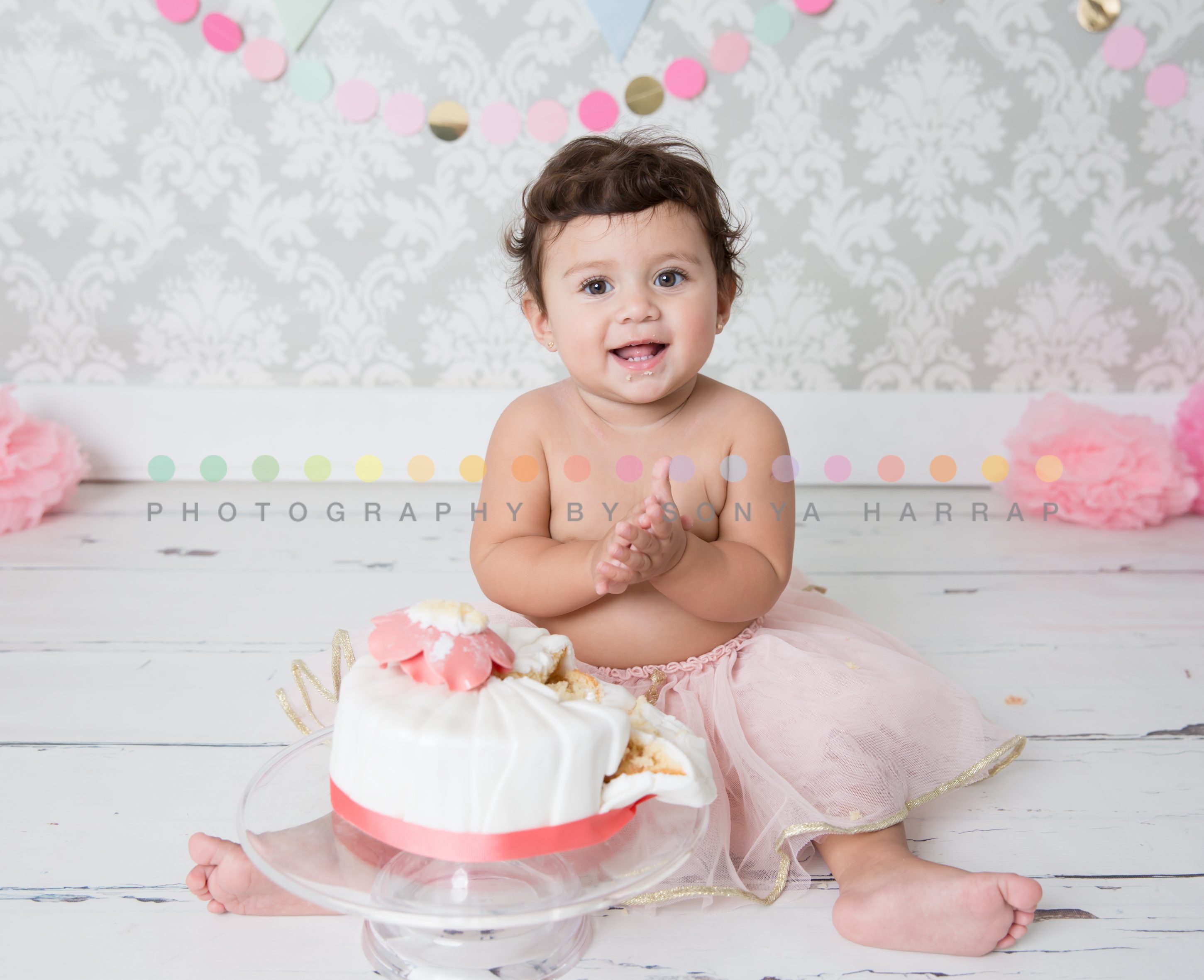 baby girl cake smash photoshoot in pink tutu with peals by sonya Harrap Photography