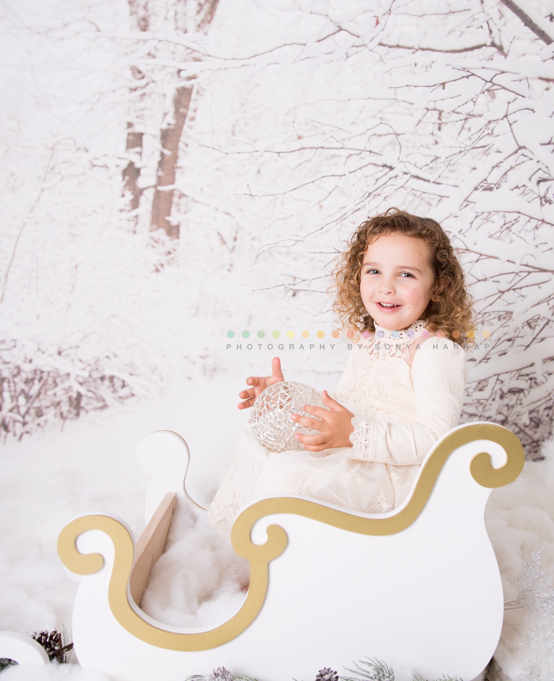 little girl Christmas photoshoot in sleigh by Sonya Harrap Photography