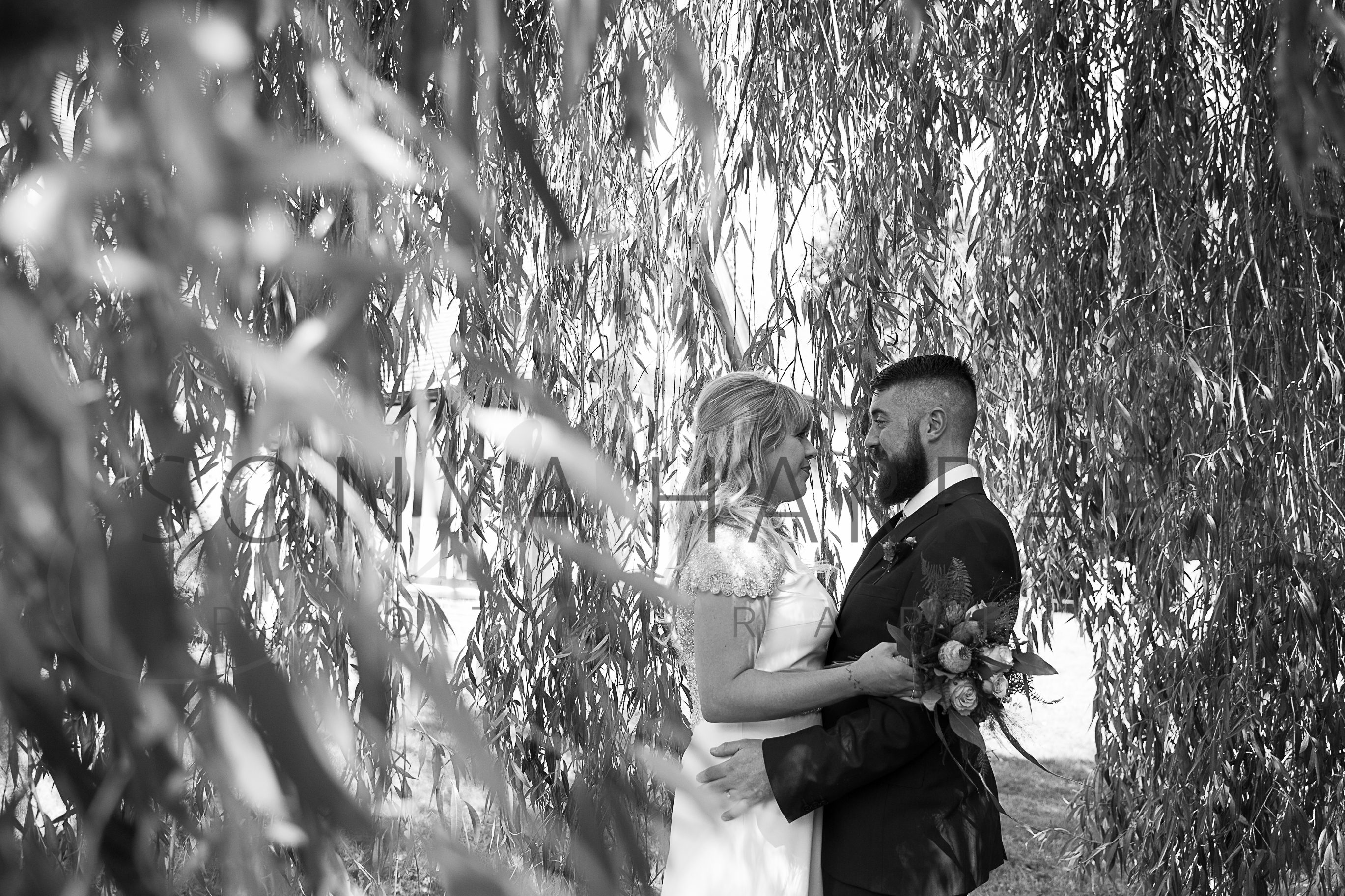 Tewinbury farm hotel wedding photograph of bride and groom by Sonya Harrap photographer under willow
