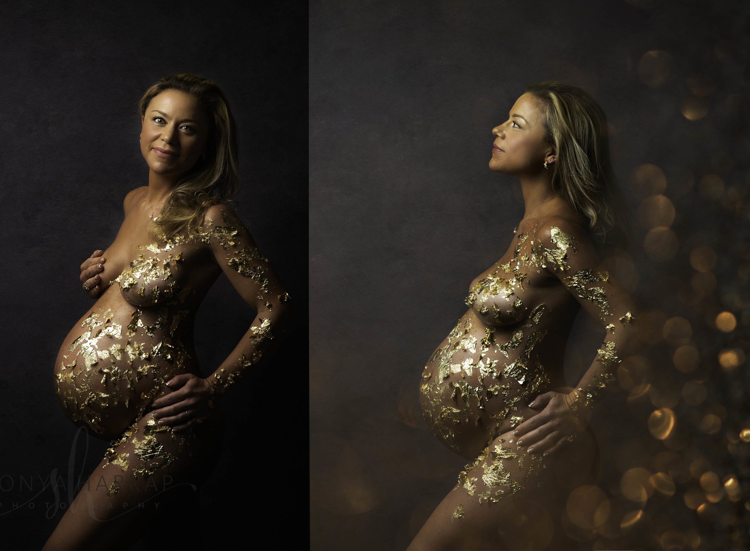 Emma gold foil maternity pregnancy photoshoot London Hertfordshire St Albans welwyn garden city